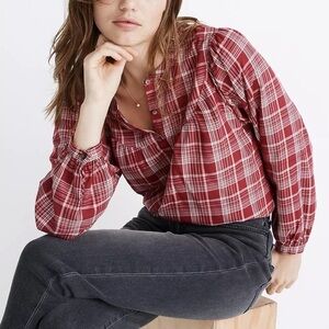 Madewell Womens Small Balloon Sleeve Peasant Top Red Plaid